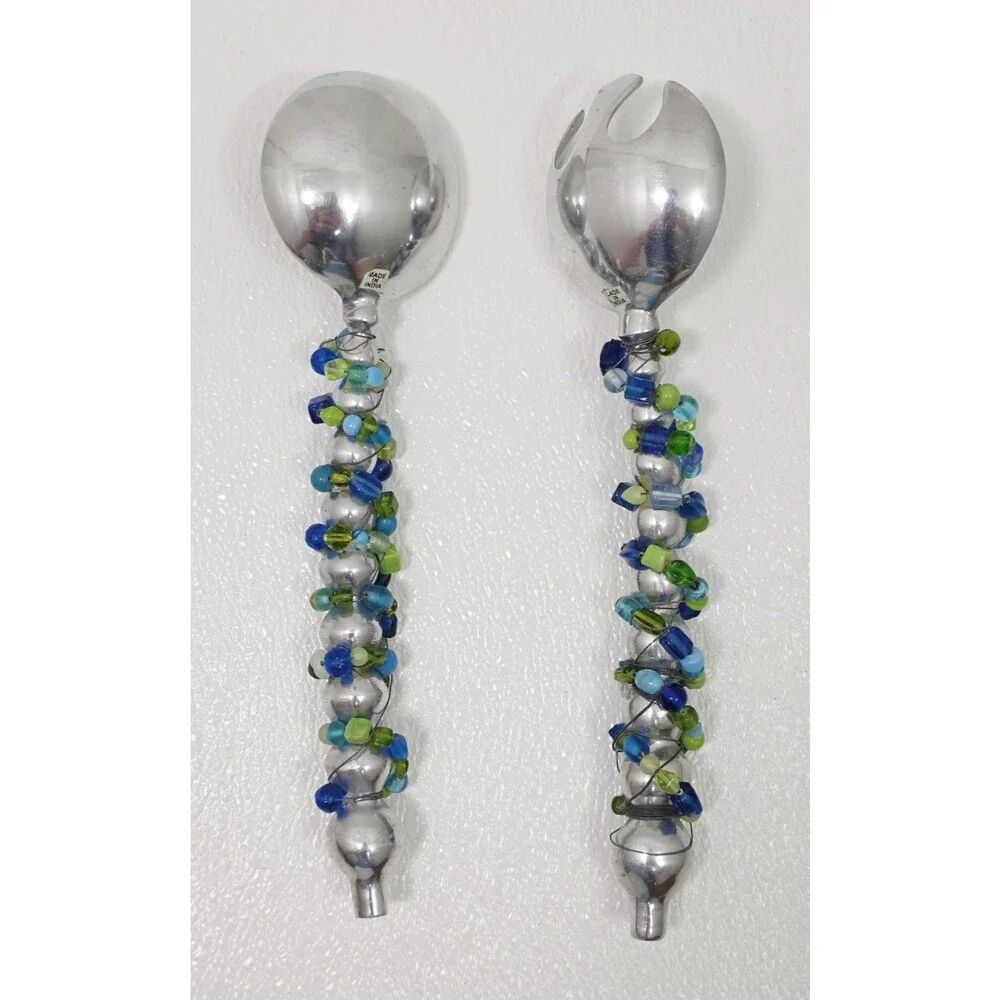 Vintage Beaded Salad Serving Fork and Spoon Set - Multi-Color Handles Large